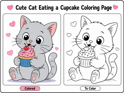 Cute Cat Eating a Cupcake Coloring Page – printable coloring page