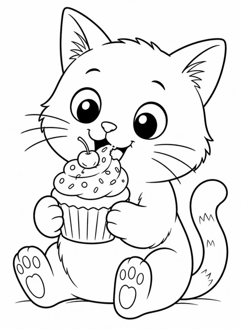Cute Cat Eating a Cupcake Coloring Page