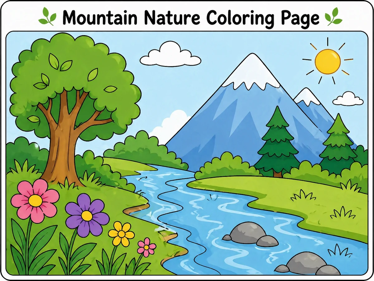 Mountain nature coloring page scene