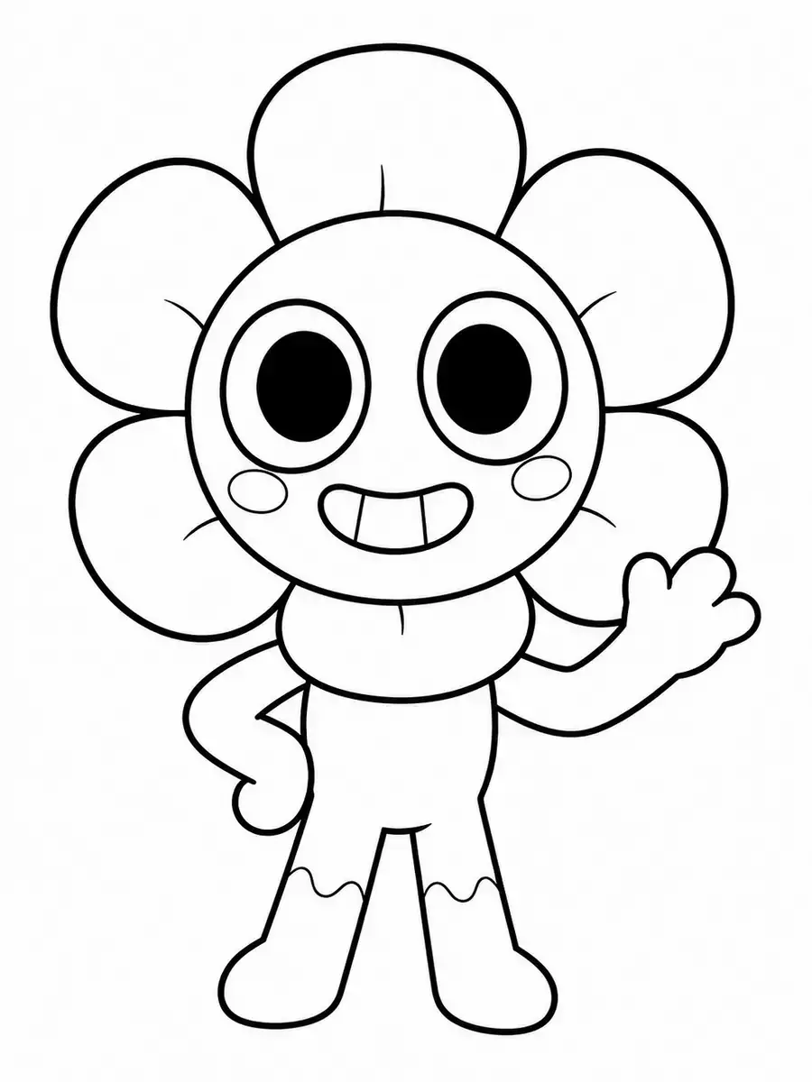 Cheerful flower faced cartoon character coloring page for kids