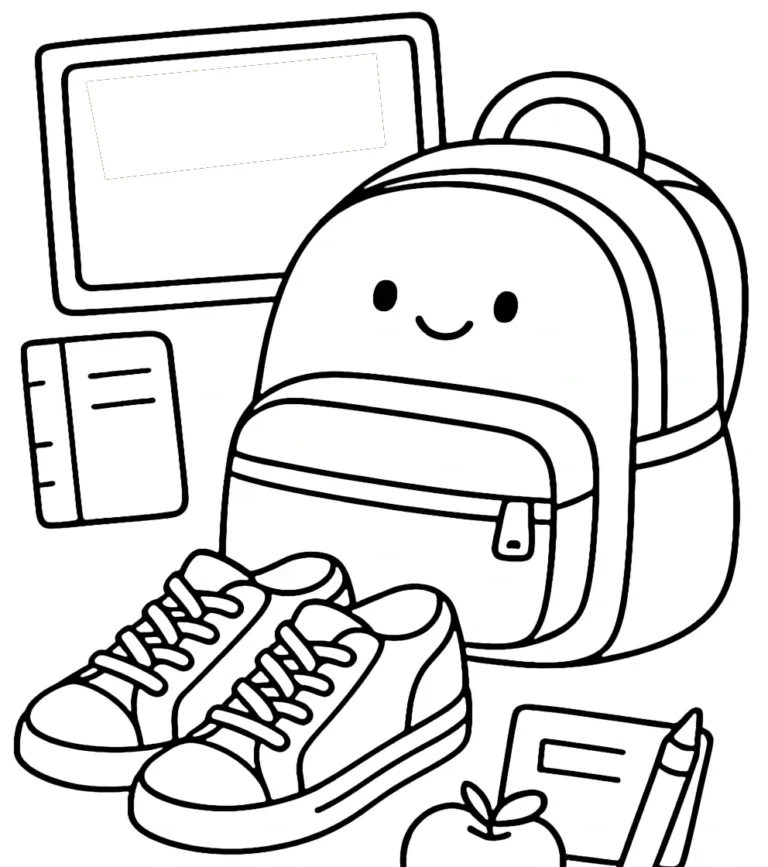 Backpack Coloring Page Open backpack with school supplies