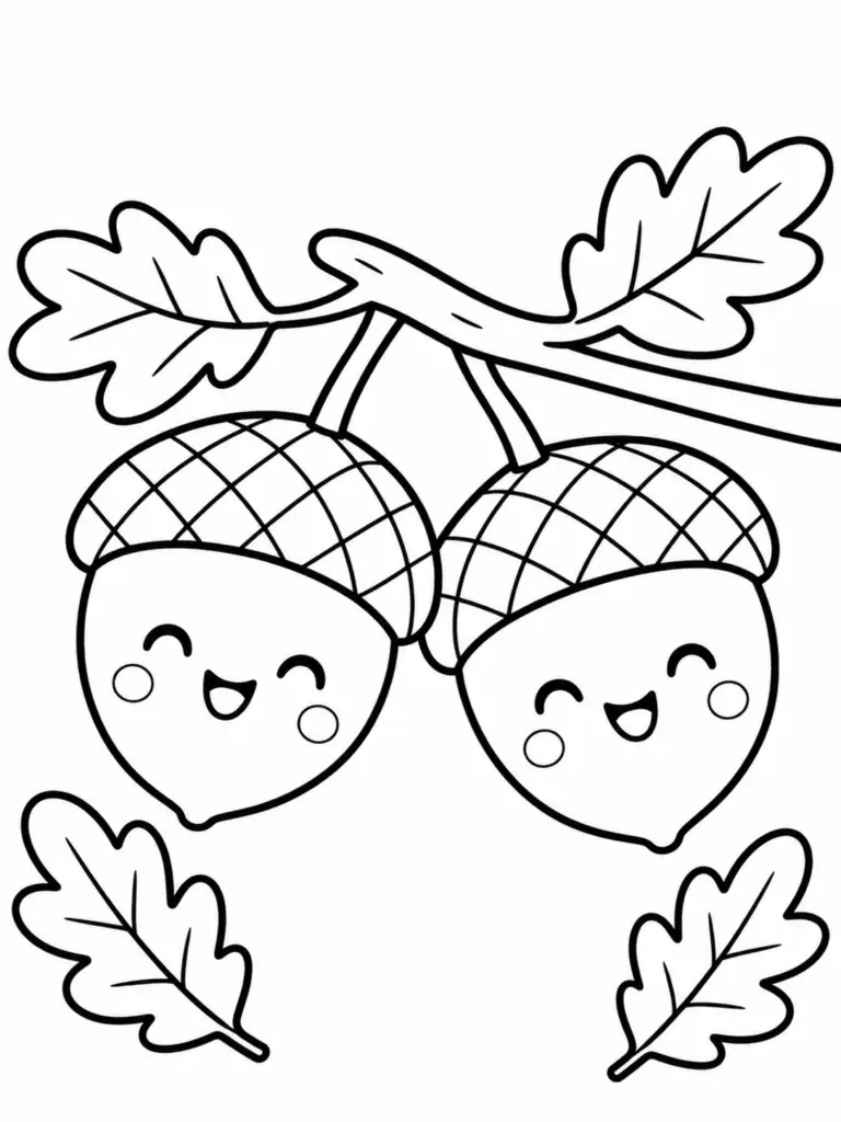 Happy acorn coloring page for preschool kids with simple fall leaves