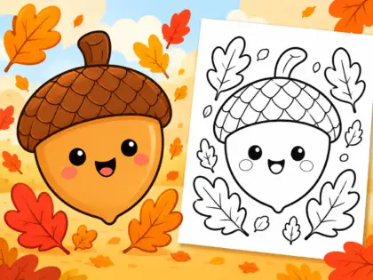 Simple acorn coloring page with oak leaves for preschool and kindergarten kids