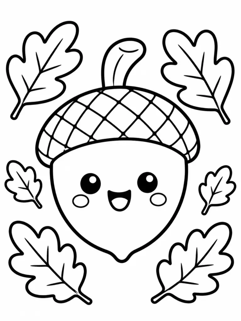 Two cute acorns on a branch coloring page with oak leaves for preschool kids