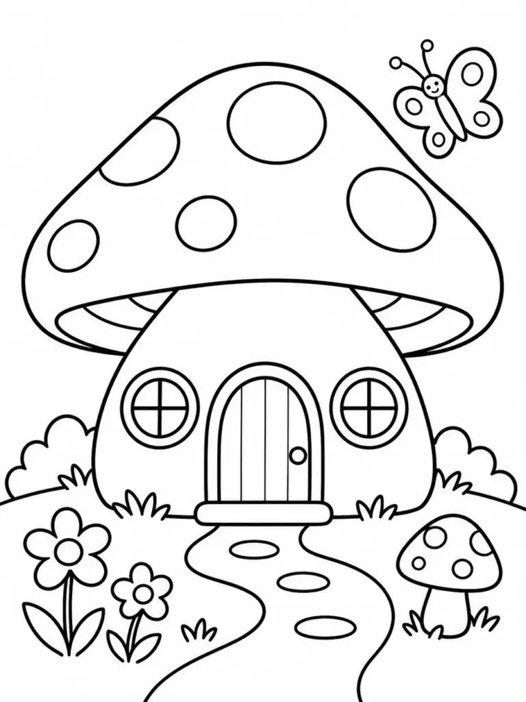 Easy fairy mushroom house coloring page for preschool kids