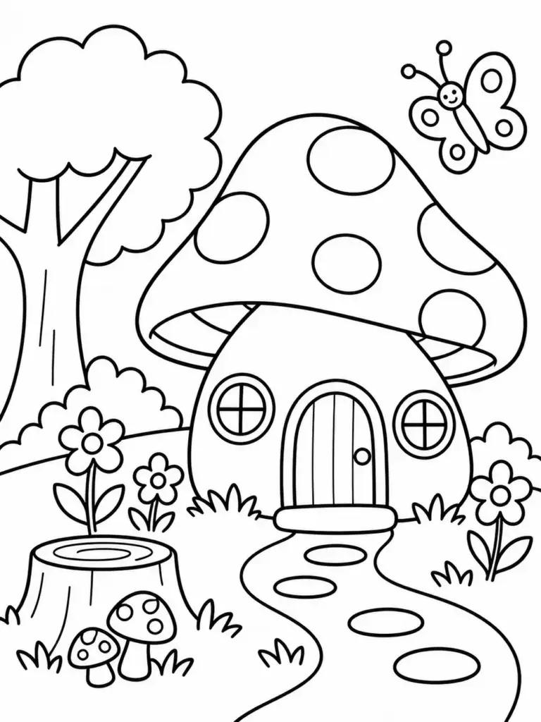 Forest fairy mushroom house coloring page with simple lines