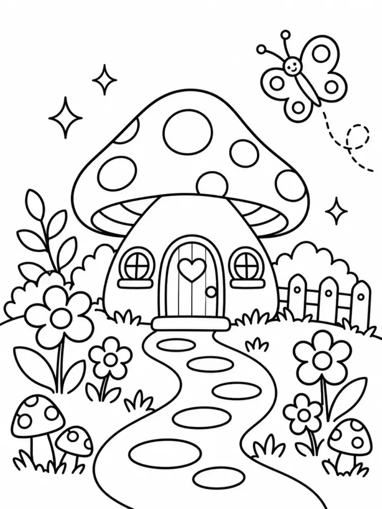 Cute fairy mushroom house garden coloring page with butterfly