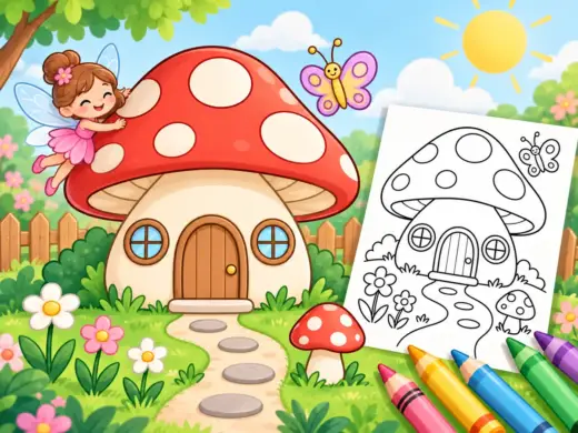 Fairy mushroom house coloring pages for kids with a colorful example and printable coloring sheet