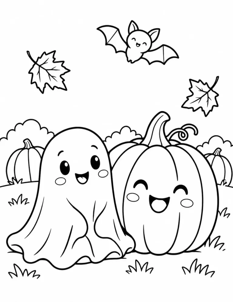 Friendly ghost and smiling pumpkin patch coloring page