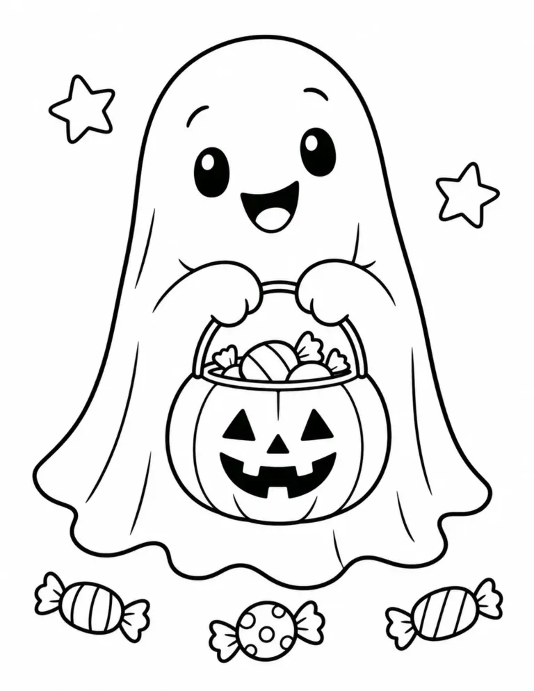 Cute ghost holding a pumpkin candy bucket coloring page
