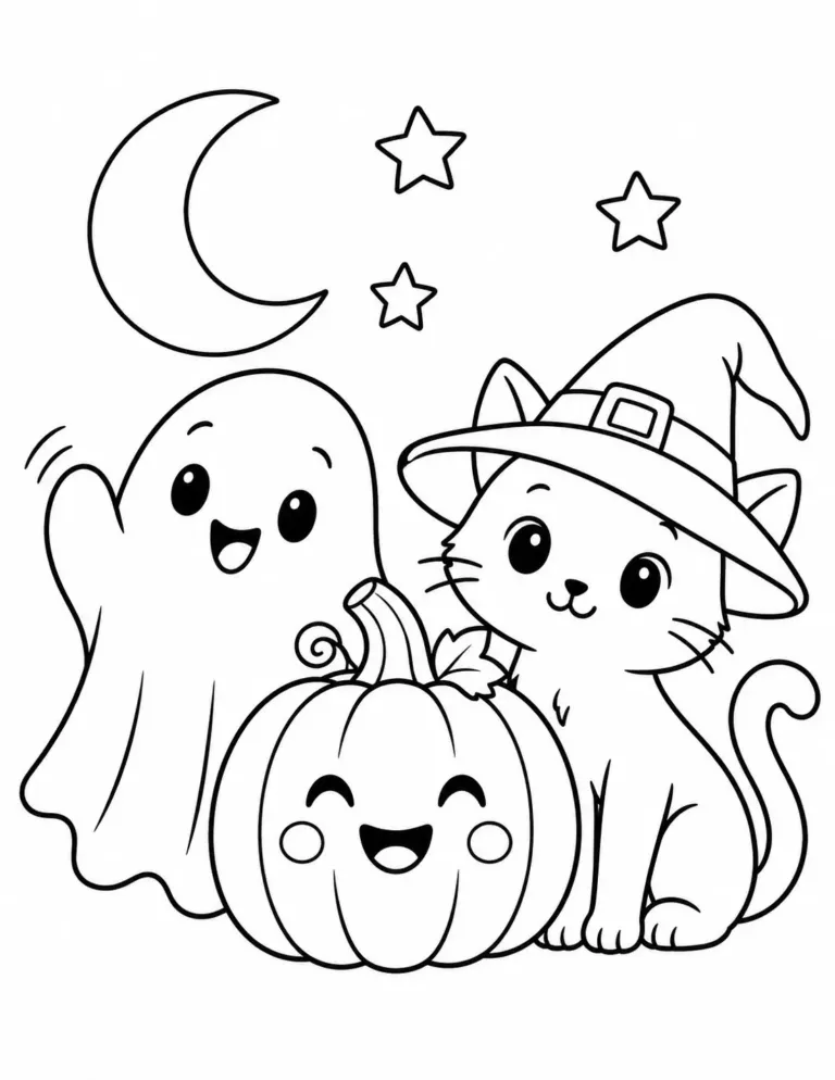 Halloween ghost pumpkin and cat coloring page for preschoolers